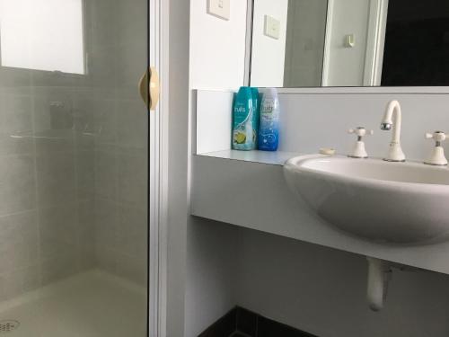 a bathroom with a sink and a mirror and a shower at Rosewhite House in Myrtleford