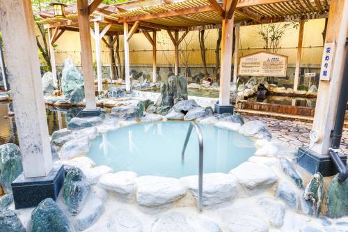 羽生市的住宿－羽生格蘭蒂亞Spa度假村路線酒店，一座围绕着岩石的建筑中的热水浴缸