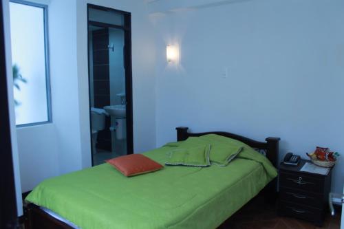 a bedroom with a green bed and a mirror at Hotel Royal Suite in Manizales