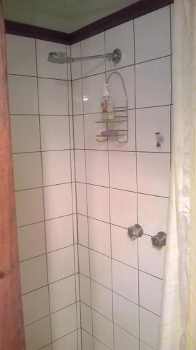 a bathroom with a shower with white tiles at Riverbend Homestead in Bright