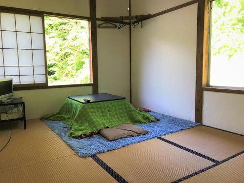 a room with a kite laying on a blue rug at Ichinokurasou in Hakuba