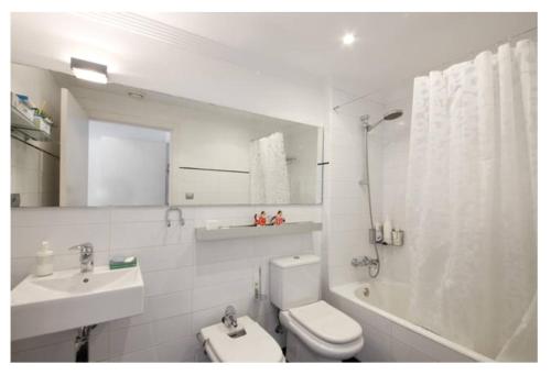 uma casa de banho com um WC, um lavatório e um chuveiro em White Cozy Flat in Donostia em San Sebastián