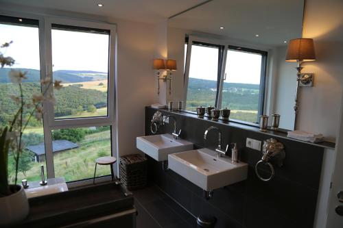 Hain的住宿－Ferienhaus zur Burg Olbruck，一间带两个盥洗盆和两个窗户的浴室