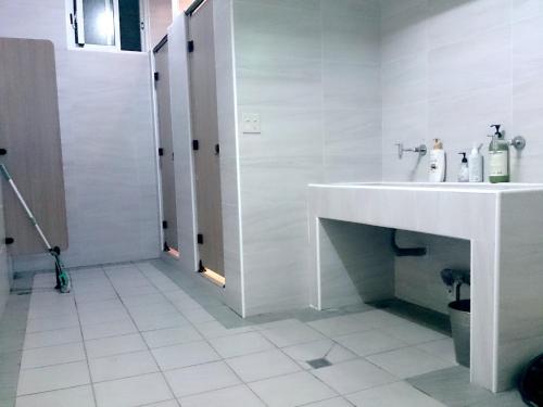 a white bathroom with a sink and a toilet at Jin Lon Hotel in Taitung City