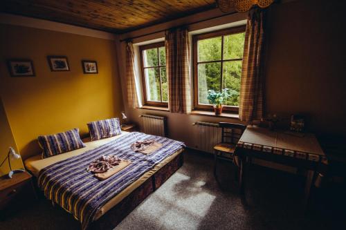1 dormitorio con cama, escritorio y ventana en Pension Klondajk, en Harrachov