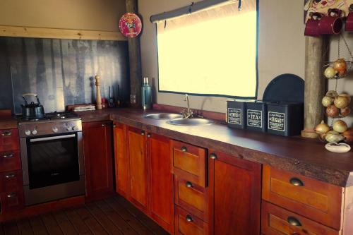 a kitchen with a counter with a sink and a stove at South Okavango - Omogolo Hideaways in Rammu