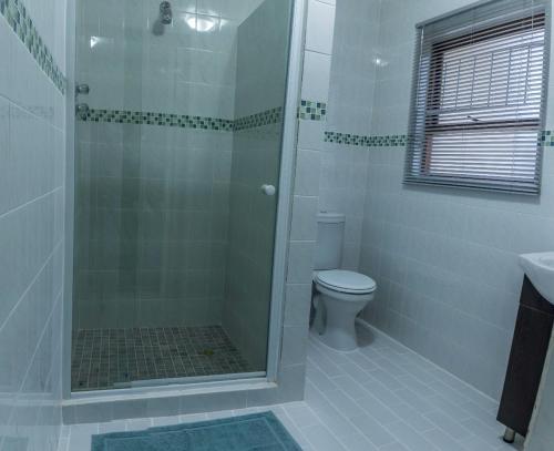 a bathroom with a shower and a toilet at Lientjies Overnight in George