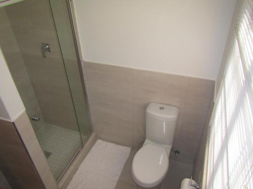 Un baño con inodoro y ducha de cristal. en African Footprints Lodge, en Midrand