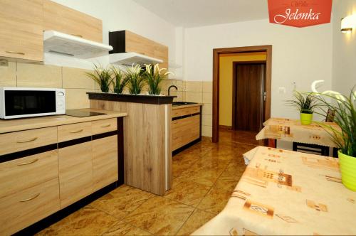eine große Küche mit Holzschränken und einer Mikrowelle in der Unterkunft Nowa Willa Jelonka in Jelenia Góra