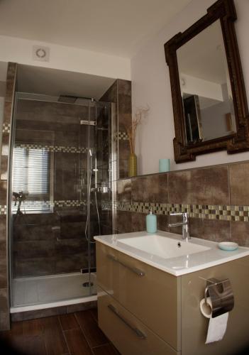 a bathroom with a sink and a shower at L'ARBOGAST in Herrlisheim
