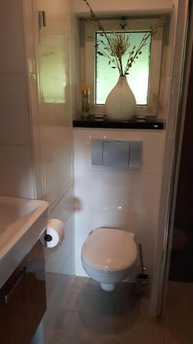 a bathroom with a toilet and a window and a vase at Holiday Home Canal View in Alkmaar