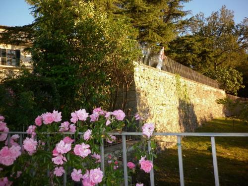 a woman standing on a fence next to pink flowers at Villa Sant’Uberto Country Inn in Radda in Chianti