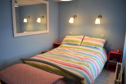 a bedroom with a bed with a colorful striped blanket at Newton Cottage North in Inveraray