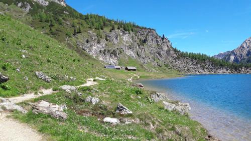 a hillside with a lake and a house on it at Saghäusl in Mitterkleinarl