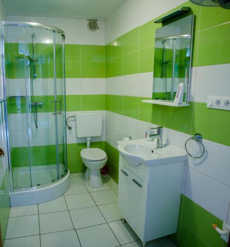 a green and white bathroom with a toilet and shower at Apartments & Room Toni in Valun
