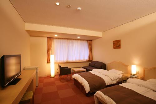 ein Hotelzimmer mit 2 Betten und einem Flachbild-TV in der Unterkunft Gokasanso in Nanto