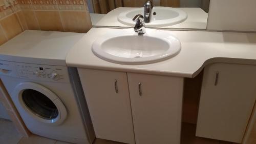 une salle de bain avec un lavabo et une machine à laver dans l'établissement Green Cap d'Antibes, à Antibes