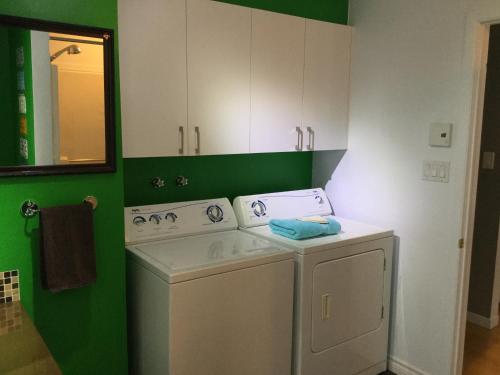 a laundry room with a washer and a green wall at La Maison des Éboulis in Victoriaville