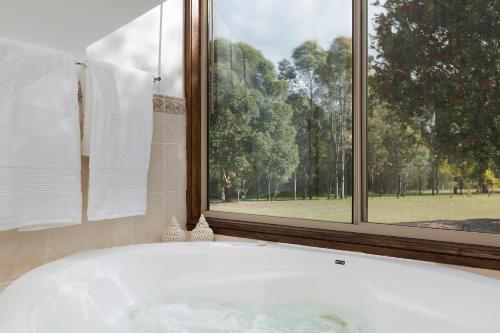 a bath tub in a bathroom with a window at Windsors Edge Cottage Pokolbin in Rothbury