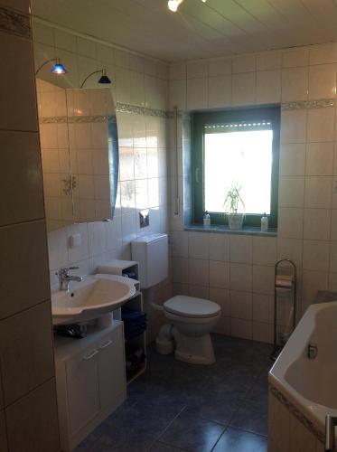 a bathroom with a sink and a toilet and a window at Ferienwohnung Ulmbach -Sterntaler- in Steinau an der Straße