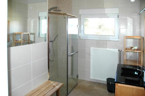 a bathroom with a shower with a glass door at Villa Irene in Rienne
