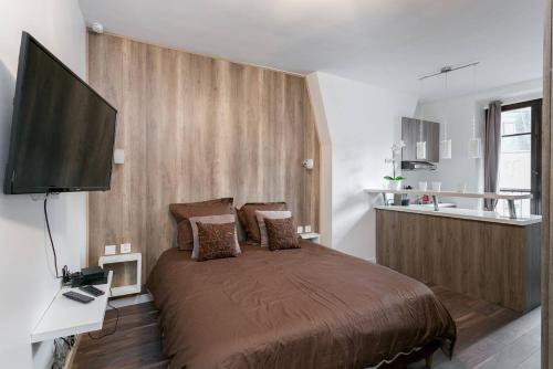 a bedroom with a bed and a flat screen tv at Charmant studio neuf proche Tour Eiffel (G36) in Paris