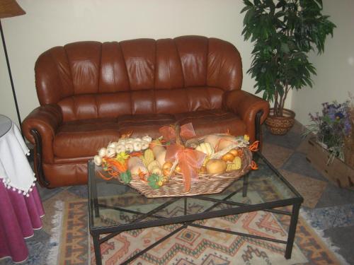 a brown leather couch with a basket of fruit on a table at Hostal El Pinar in Avila
