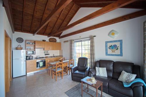 uma sala de estar com um sofá e uma cozinha em Casa do Chafariz (Casas do Capelo) em Varadouro