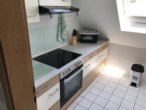 a small kitchen with a stove and a microwave at Ferienwohnungen Gassmann in Schutterzell