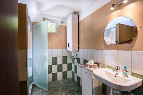 een badkamer met een wastafel en een spiegel bij Vági Apartment in Sárvár