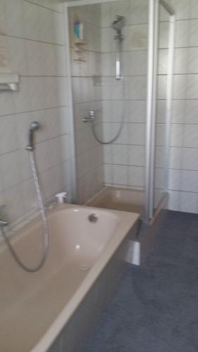 a bathroom with a tub and a shower and a sink at Ferienwohnung Baur in Tussenhausen