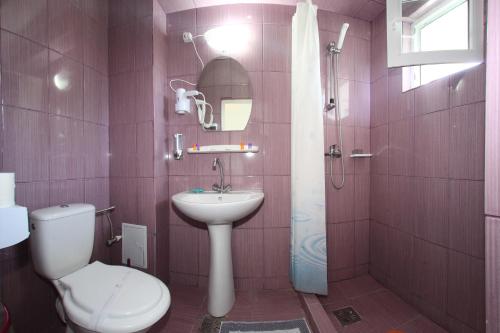 a bathroom with a toilet and a sink and a shower at Casa Panos in 2 Mai