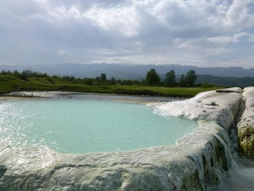a pool of water next to a rock wall at Country House Uliana in Tskaltubo