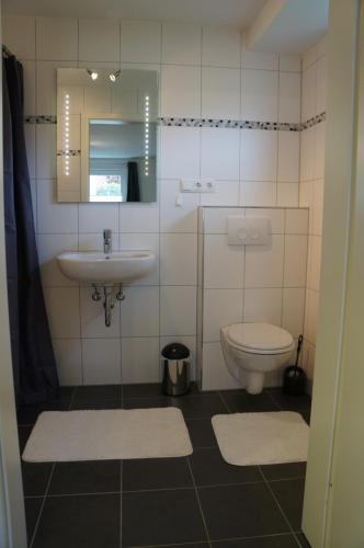 a bathroom with a sink and a toilet at gemütliche Ferienwohnung in der Lüneburger Heide in Schneverdingen