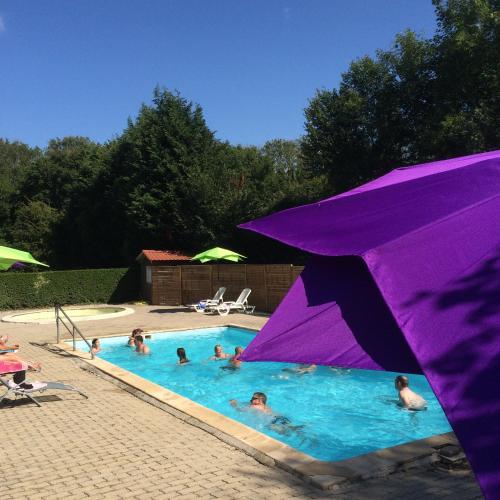 - un groupe de personnes dans une piscine avec un parasol violet dans l'établissement Domaine du Blanc Pignon, à La Calotterie