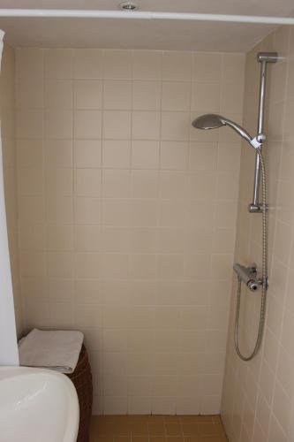 a bathroom with a shower with a toilet and a sink at Zomerhuisje op Huisduinen in Huisduinen