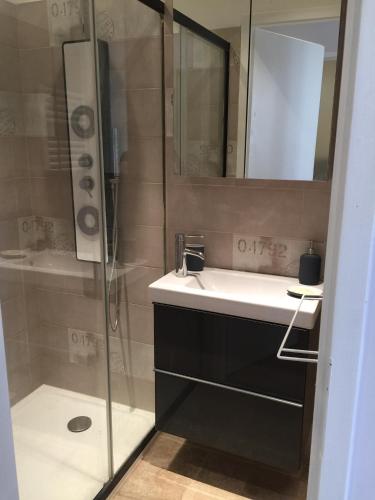 une salle de bain avec une douche, un lavabo et un miroir dans l'établissement Cœur de ville grand-rue Jean Moulin, à Montpellier
