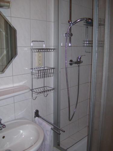 a bathroom with a shower and a sink at Log Home in Mauterndorf