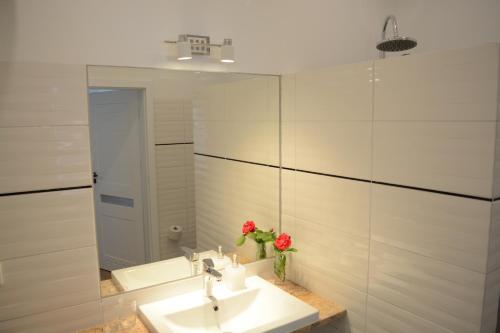 łazienka z umywalką i lustrem w obiekcie Apartamenty Jantar w mieście Giżycko