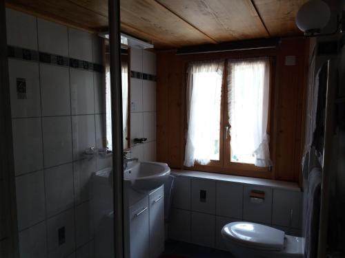 a bathroom with a sink and a toilet at Hôtel du Chamois in L'Etivaz