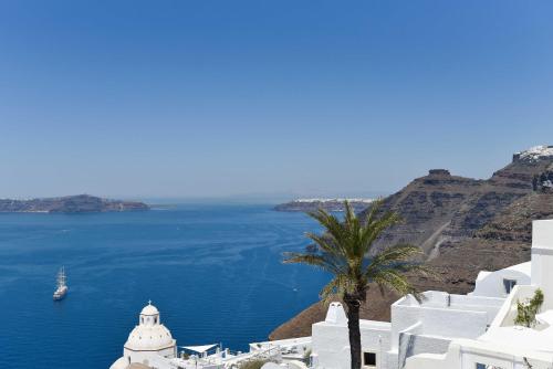 a palm tree and a view of the ocean at Aroma Suites in Fira