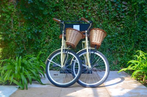 a bike with baskets is parked next to a hedge at Palo Santo Hotel in Buenos Aires