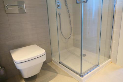 ミアミ・プラトーヤにあるRentalmar Miami Palace Plusのバスルーム(トイレ、ガラス張りのシャワー付)