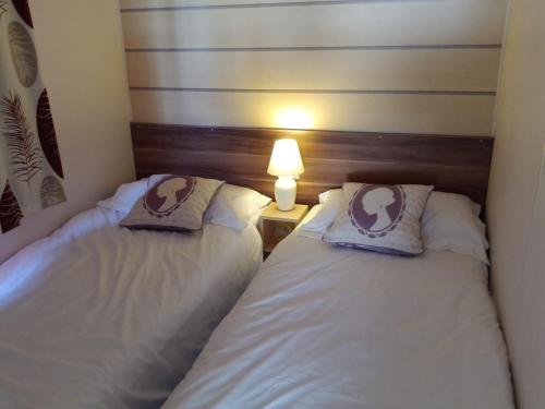 two beds sitting next to each other in a room at Les Charmettes Mobilhomes17 in Les Mathes