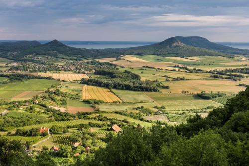 an aerial view of a valley with fields and mountains at Henye holiday homes in Balatonhenye
