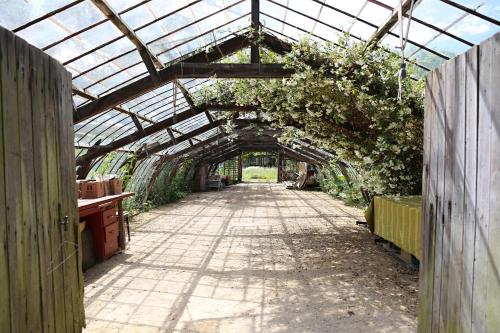 an empty greenhouse with a glass roof with flowers at Le Jardin Des Sources in La Hulpe