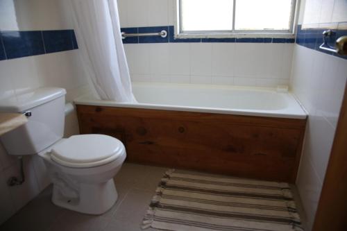a bathroom with a toilet and a bath tub with a window at Cabanas de Monasterio in Puerto Clocker