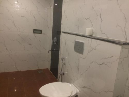 a bathroom with a toilet and a marble wall at Chandra Inn in Jodhpur