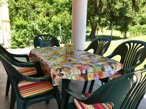 a table with chairs and a table cloth on it at Apartment Altorjai in Fonyód