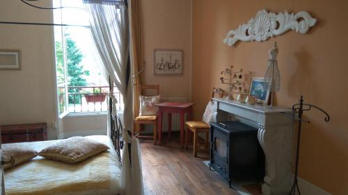 a bedroom with a bed and a fireplace and a window at Chambres d'Hôtes-Château Constant in Bessines-sur-Gartempe